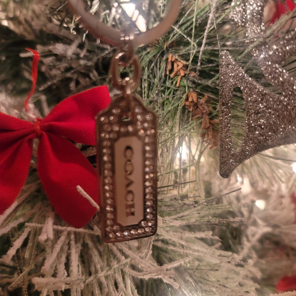Coach Silver Rectangular Logo Key Ring with Rhinestone Border - Picture 4 of 15